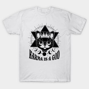Karma Is A God Black Cat Design T-Shirt